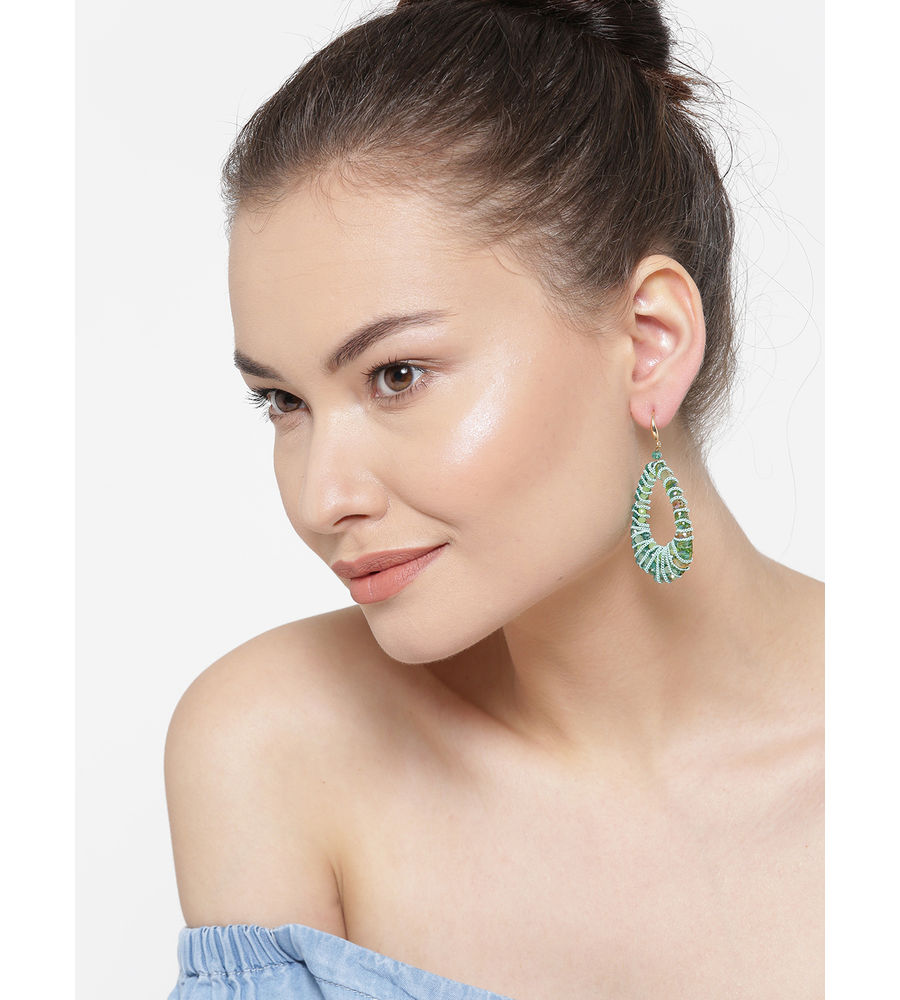YouBella Green Gold-Plated Teardrop Shaped Drop Earrings